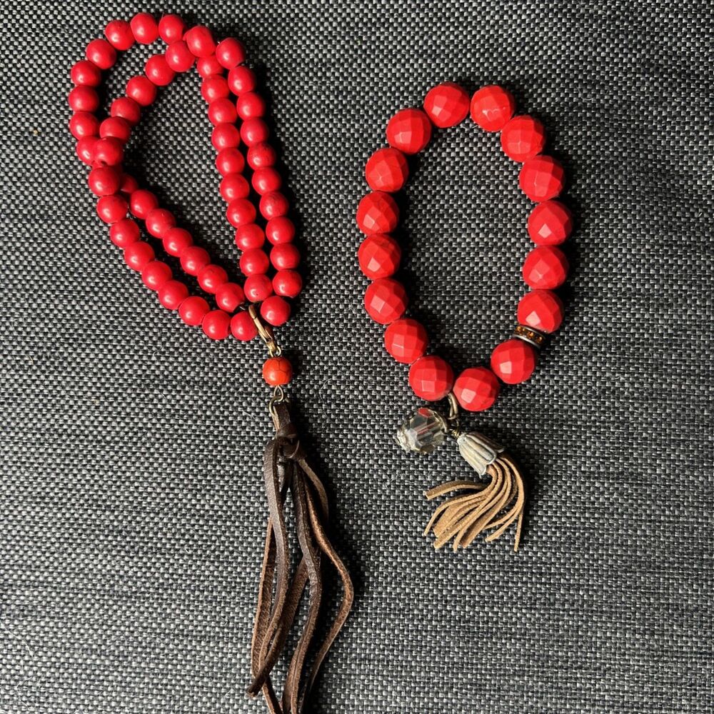 Rustic Red Stretch Beaded Bracelet Stack Lot Of 3 Leather Tassels Western
